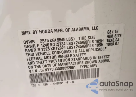 2016 Honda Pilot Ex from USA, damaged, VIN 5FNYF5H30GB052561